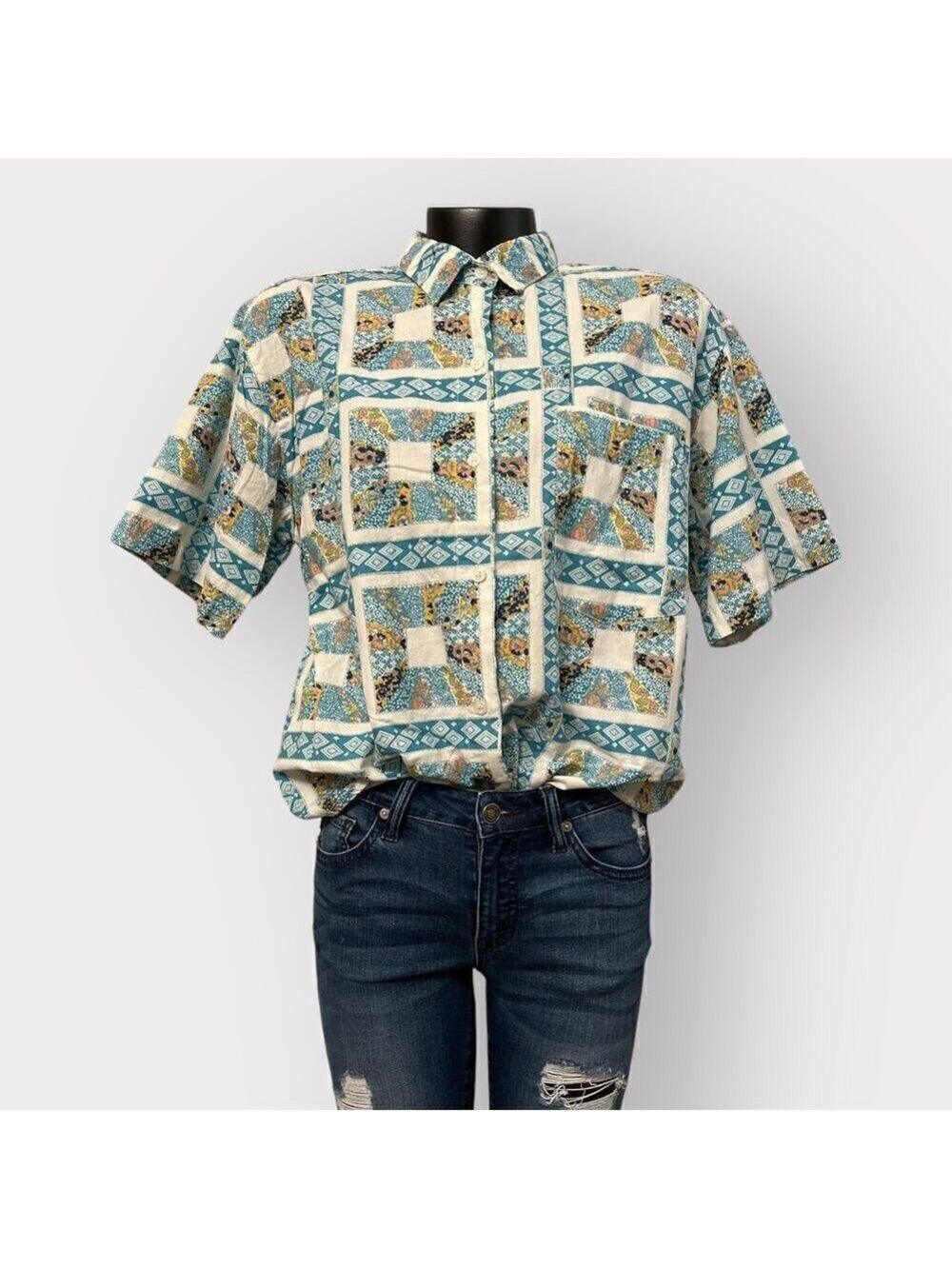 Vintage 80s Button Up Shirt Unisex sz Medium Collared Classic Boho Geo Print Top